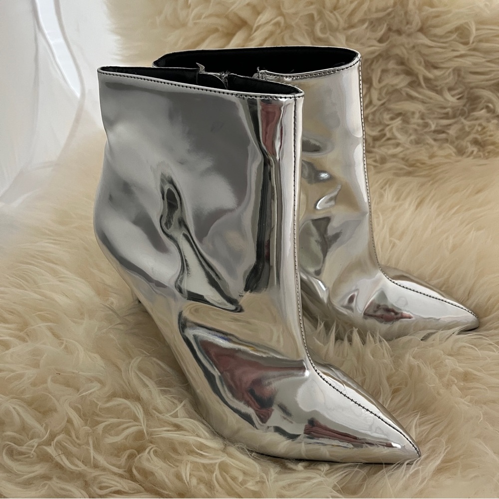 Reflective silver stiletto booties